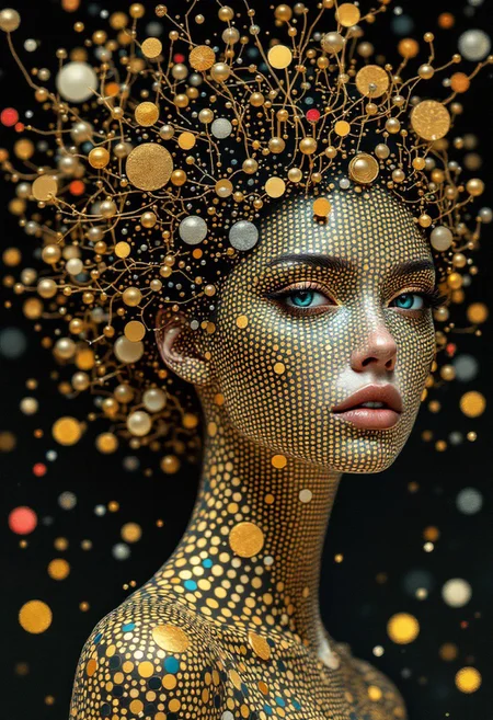 klimts organic romanticism, polka-dot patterns, matte porcelain, symbolizing art’s ability to please the viewer’s eyes, masterpiece