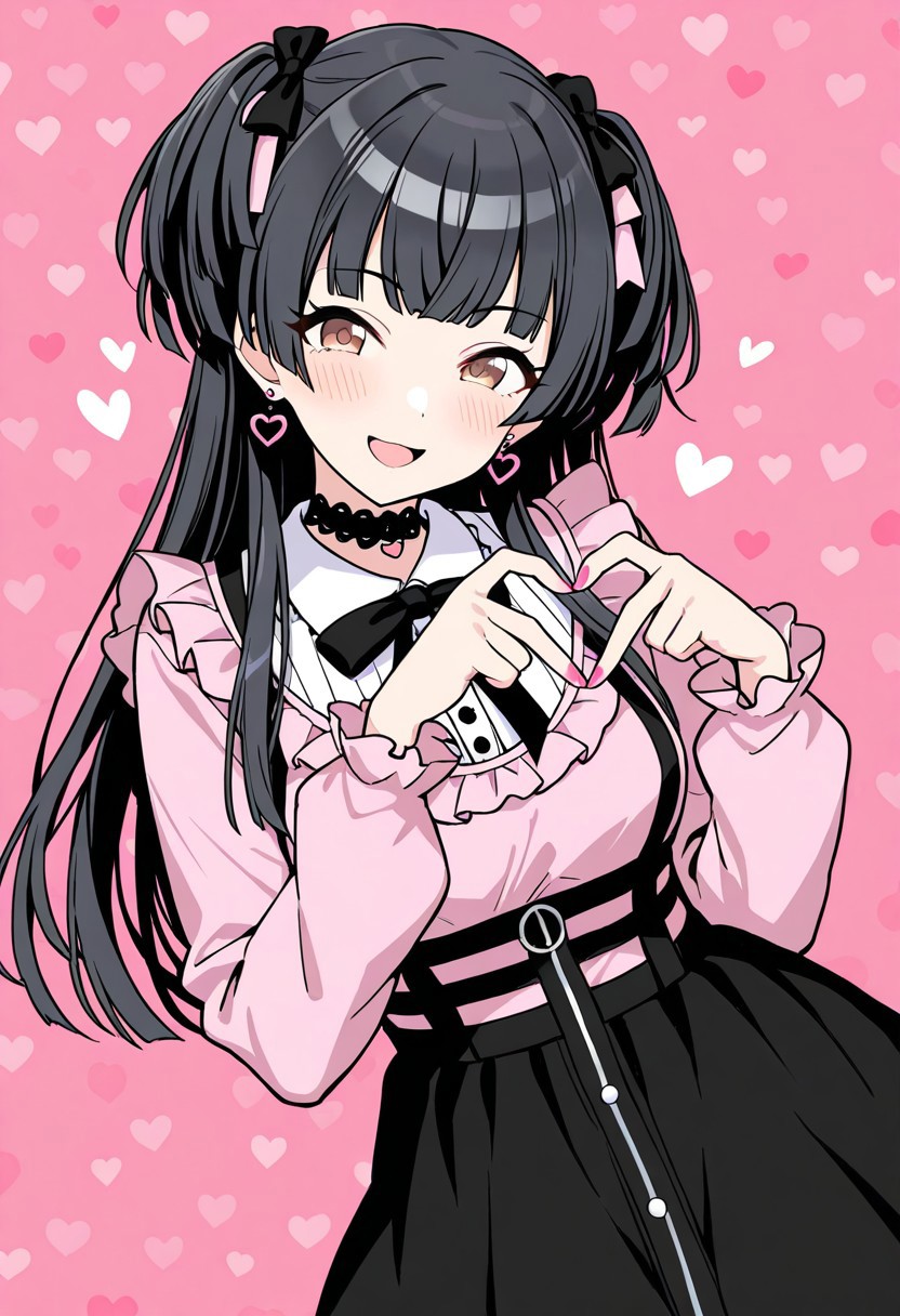 mayuzumi fuyuko,1girl,idolmaster,idolmaster shiny colors,jirai kei,solo,standing,looking at viewer,smile,blush,heart hands,black hair,long hair,hair ornament,bangs,two side up,hair bow,open mouth,brown eyes,choker,earrings,heart earrings,jewelry,dress,shirt,puffy sleeves,long sleeves,frills,skirt,black skirt,pink nail polish,heart \(symbol\),pink background,heart background,cowboy shot,masterpiece,best quality,amazing quality,incredibly absurdres,
