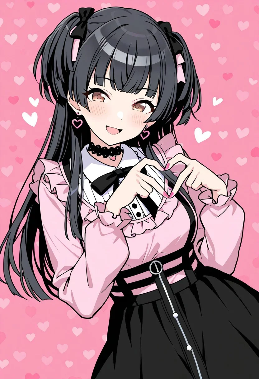 mayuzumi fuyuko,1girl,idolmaster,idolmaster shiny colors,jirai kei,solo,standing,looking at viewer,smile,blush,heart hands,black hair,long hair,hair ornament,bangs,two side up,hair bow,open mouth,brown eyes,choker,earrings,heart earrings,jewelry,dress,shirt,puffy sleeves,long sleeves,frills,skirt,black skirt,pink nail polish,heart \(symbol\),pink background,heart background,cowboy shot,masterpiece,best quality,amazing quality,incredibly absurdres,