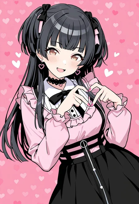 mayuzumi fuyuko,1girl,idolmaster,idolmaster shiny colors,jirai kei,solo,standing,looking at viewer,smile,blush,heart hands,black hair,long hair,hair ornament,bangs,two side up,hair bow,open mouth,brown eyes,choker,earrings,heart earrings,jewelry,dress,shirt,puffy sleeves,long sleeves,frills,skirt,black skirt,pink nail polish,heart \(symbol\),pink background,heart background,cowboy shot,masterpiece,best quality,amazing quality,incredibly absurdres,