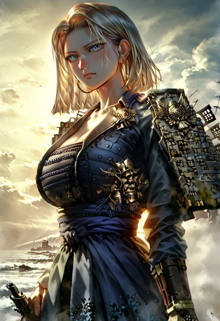 score_9, score_8_up, (cowboy shot:1.5), chest focus, best quality, masterpiece, high contrast, 8k, highly detailed, extremely detailed face, beautiful , Android No. 18, indifferent, blushing, excited, arrogant, side-parted blond hair, slender and perfect figure, (huge breasts: 1.2), thin waist, sexy long legs, beautiful blue eyes, big hoop earrings, wearing Japanese Warring States period armor, holding a Japanese Warring States Period matchlock gun , body shot from waist up, detailed background, surreal, HD, extremely detailed, high resolution, cinematic lighting, octane rendering, 8k resolution, Artstation quality, Horizontal viewing angle