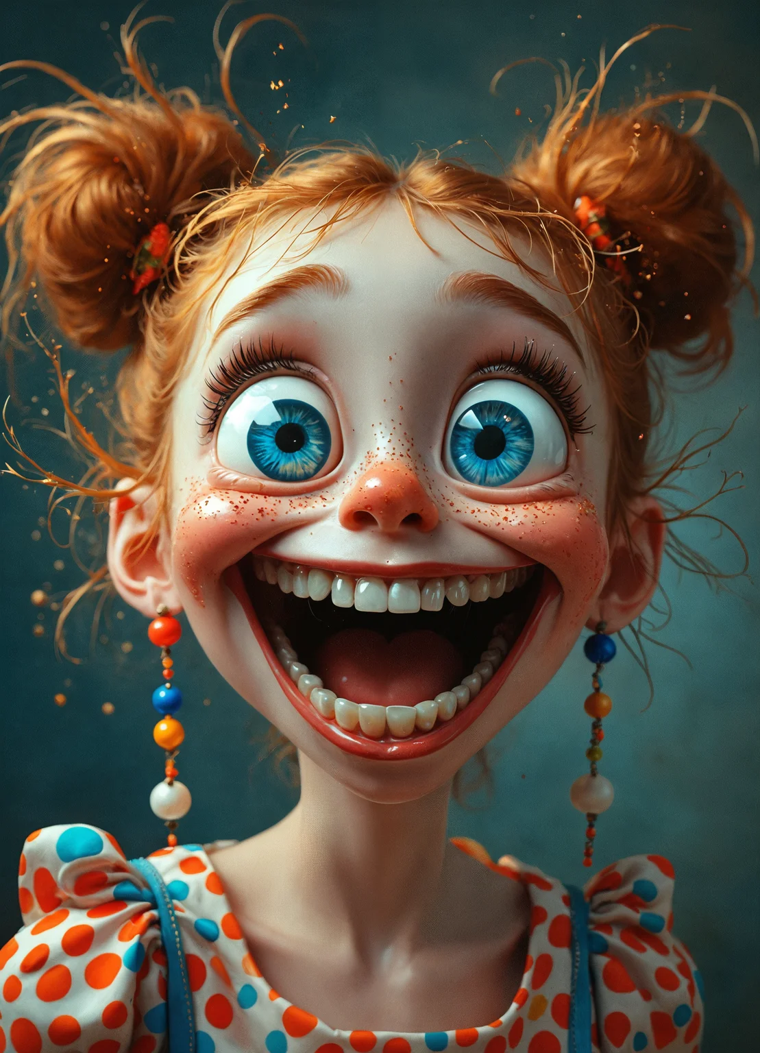 Surrealist caricature of a manic girl with an impossibly exaggerated grin stretching from ear to ear, revealing an array of perfectly aligned, gleaming teeth. Her eyes are comically oversized blue orbs, taking up nearly half her face, with pupils dilated in a state of perpetual excitement. Freckles dance across her cheeks and nose like a constellation of copper stars. Her golden hair defies gravity, styled in two messy space buns that resemble exploding fireworks, with stray strands floating as if electrified. The girl's head is disproportionately large for her body, bobbling precariously on a thin neck.
Her skin has an almost porcelain-like quality, with a slight sheen and rosy undertones that border on feverish. The bridge of her nose crinkles upward, emphasizing her cartoonish enthusiasm. Impossibly long eyelashes fan out like exotic feathers, casting delicate shadows on her cheeks. Her ears are adorned with an eclectic mix of colorful, dangling earrings that seem to defy the laws of physics.
The girl wears a vibrant, polka-dotted top that clashes cheerfully with her overall appearance. The background is a muted, dreamlike haze, making her vivid features pop even more dramatically. Every element of her face is pushed to the brink of absurdity, creating a character that teeters between whimsical charm and unsettling mania.