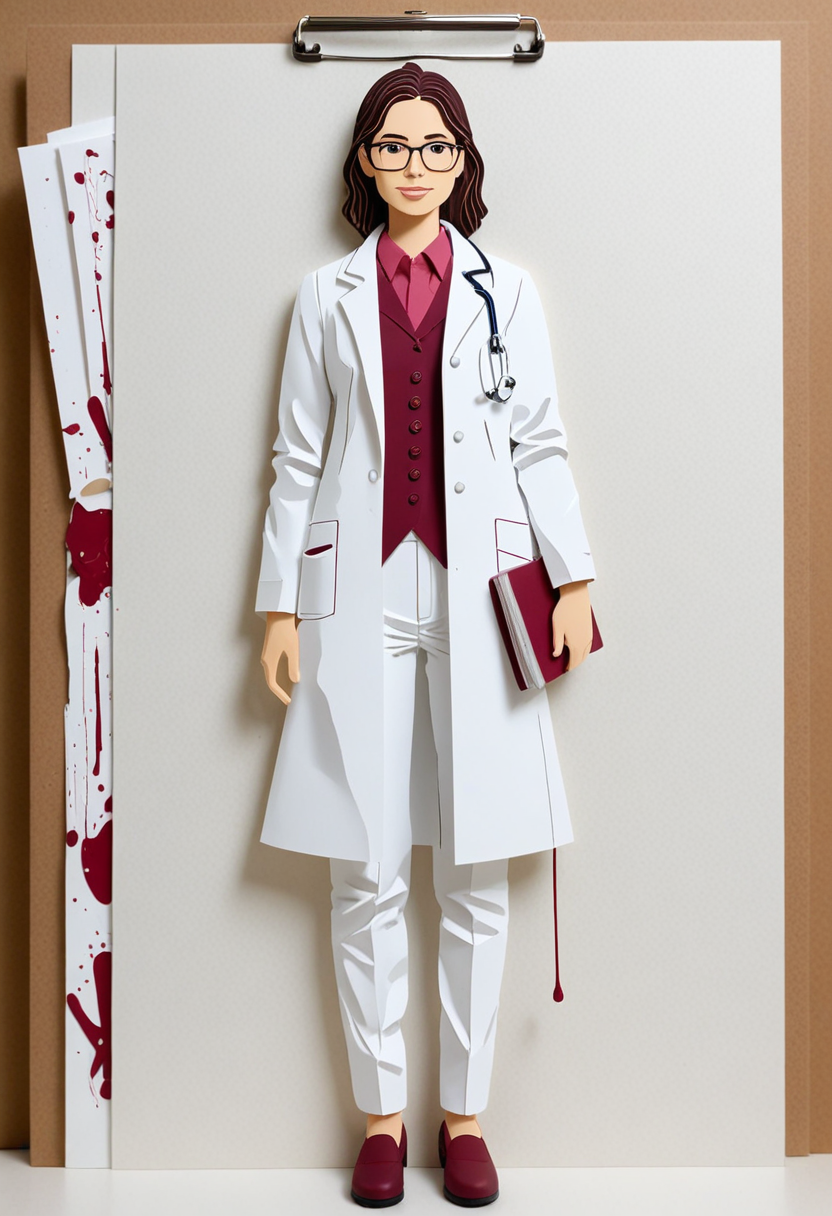 (Dripping Paint Effect), (stacked papercut art by kiri ken) of a  doctor woman,             wearing a burgundy   white lab coat,khakis, clipboard, intricate details, masterpiece, best quality