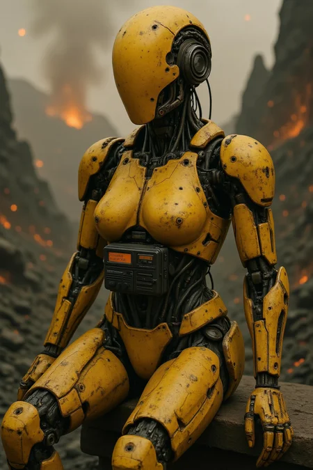 Masterpiece, best quality, amazing quality, high resolution, aesthetic, girl, robot girl, android, yellow body, long legs, faceless robot head, sci-fi landscape, lava planet, ash falling, thigh pouch, radio belt, sitting on rocky shelf in background, weathered exterior.