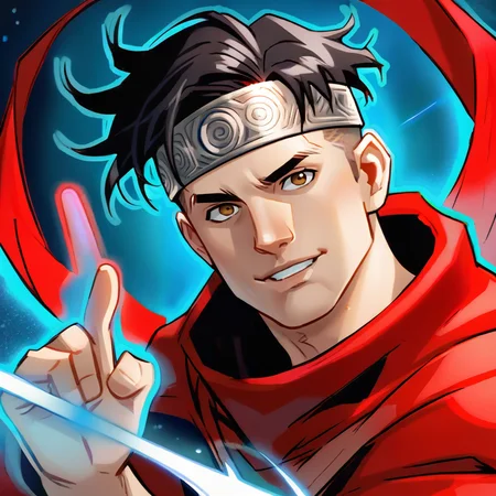 portrait of B_wiccan man, ((1boy)), black hair, undercut, brown eyes, red cloak, cutely smiling, solo, silver headband, wielding blue magic, looking at viewer <lora:B_wiccan-000007:.8> <lora:Smooth Anime 2 Style SDXL_LoRA_Pony Diffusion V6 XL:.7> <lora:add-detail-xl:.8>