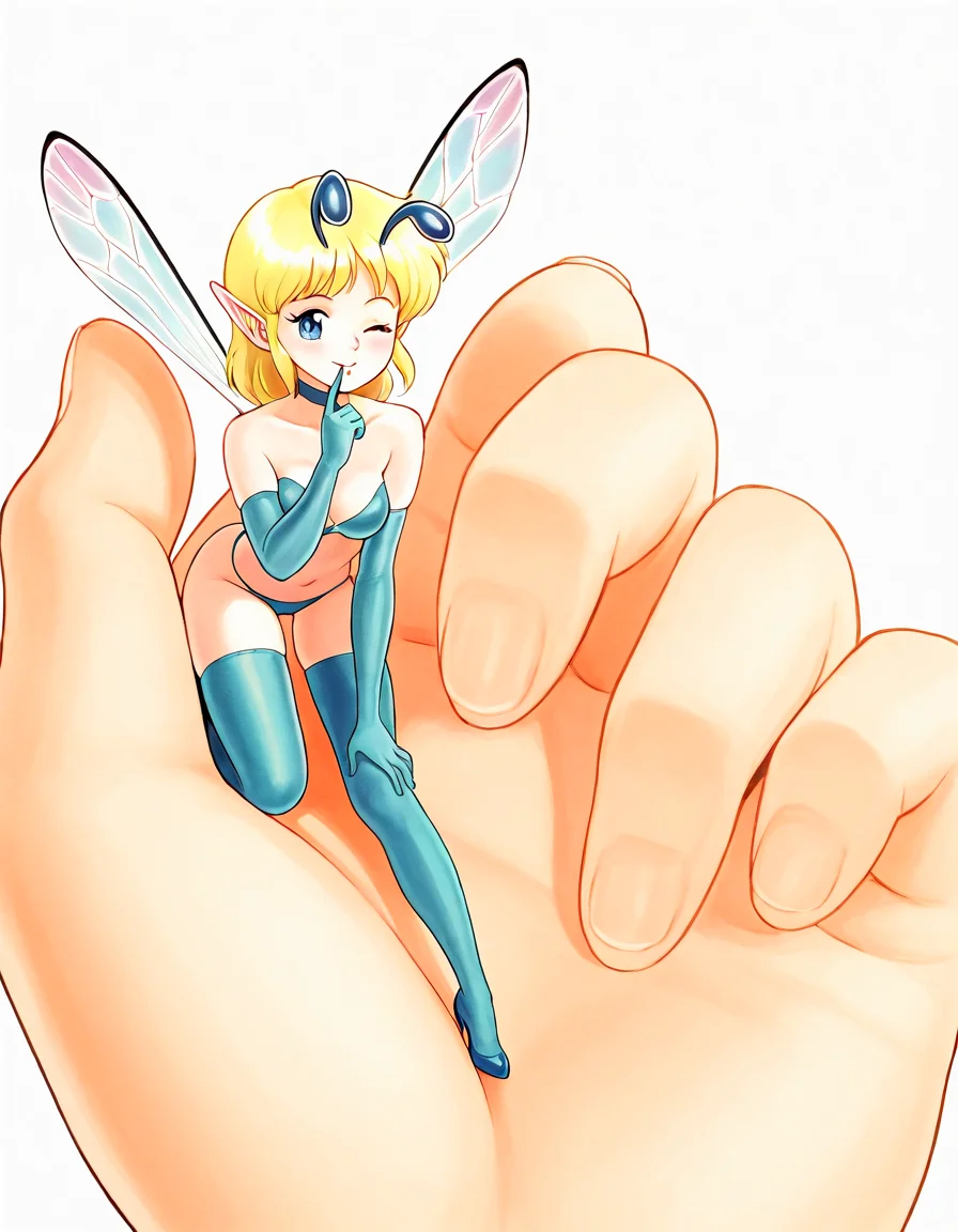 <lora:Pfil_Illustrious-000005:1>1girl, thighhighs, elbow gloves, agressive, minigirl, Pfil, blonde hair, antennae, fairy, finger to mouth, wink