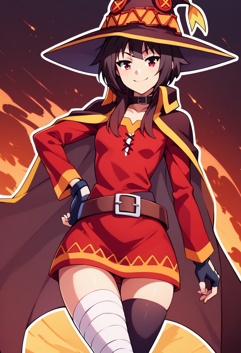 score_9, score_8_up, score_8, medium breasts, (curvy), cute, eyelashes,     
rating safe, 
BREAK,
megumin, short hair, black hair, red eyes, short hair with long locks, thighhighs, gloves, hat, dress, black gloves, belt, black thighhighs, fingerless gloves, cape, collar, witch hat, bandages, red dress, single thighhigh, asymmetrical legwear, bandaged leg,
wide hips, hand on hip, smile, smug, 
BREAK,
smile, looking at viewer, 
abstract fire background, white outline, 
zPDXL, Expressiveh
