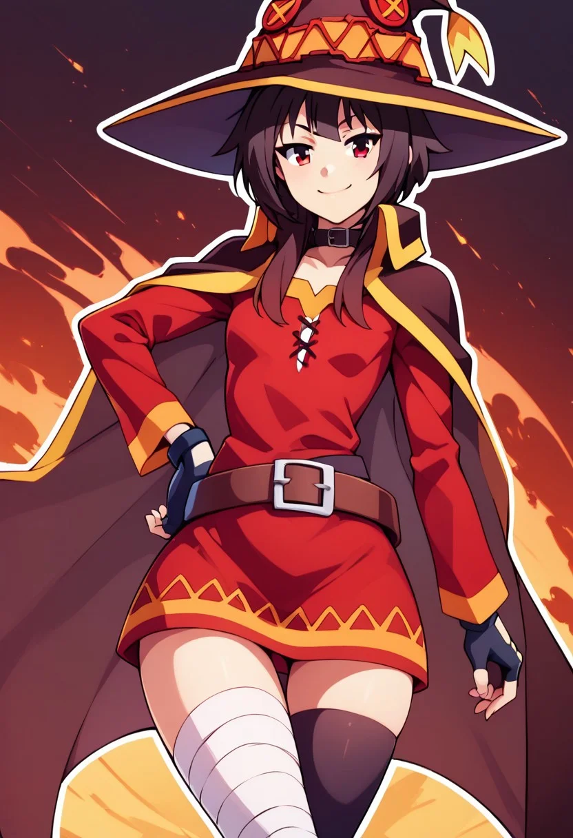 score_9, score_8_up, score_8, medium breasts, (curvy), cute, eyelashes,
rating safe,
BREAK,
megumin, short hair, black hair, red eyes, short hair with long locks, thighhighs, gloves, hat, dress, black gloves, belt, black thighhighs, fingerless gloves, cape, collar, witch hat, bandages, red dress, single thighhigh, asymmetrical legwear, bandaged leg,
wide hips, hand on hip, smile, smug,
BREAK,
smile, looking at viewer,
abstract fire background, white outline,
zPDXL, Expressiveh