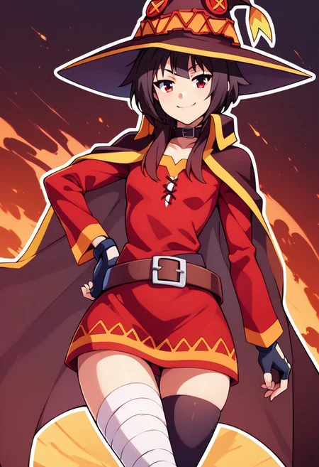 score_9, score_8_up, score_8, medium breasts, (curvy), cute, eyelashes,
rating safe,
BREAK,
megumin, short hair, black hair, red eyes, short hair with long locks, thighhighs, gloves, hat, dress, black gloves, belt, black thighhighs, fingerless gloves, cape, collar, witch hat, bandages, red dress, single thighhigh, asymmetrical legwear, bandaged leg,
wide hips, hand on hip, smile, smug,
BREAK,
smile, looking at viewer,
abstract fire background, white outline,
zPDXL, Expressiveh