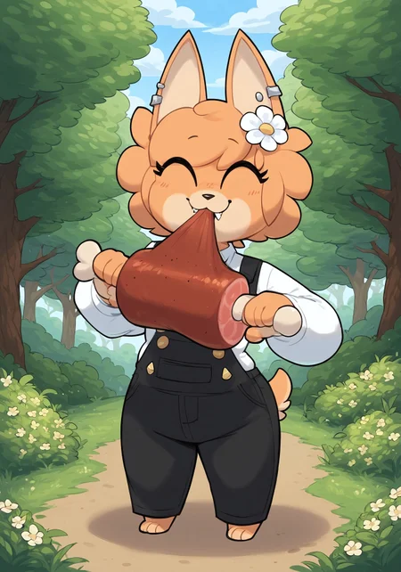 masterpiece, score_9_up, score_8_up, score_7_up, score_6_up, source_furry, (best quality:1.1), ultra-detailed, high resolution, highly detailed macro illustration, solo BREAK 1girls, mddkuStyle, furry female, anthro, animal ears, silver earrings, bottom heavy, (cute expression, cute face:1.2), cute fangs, paws BREAK black pants, jewelry, earrings, (flower in hair:1.3) BREAK <lora:boned-meat-ponyxl-lora-nochekaiser:1>, boned meat, holding, food, eating, holding food BREAK outside, day, spring, nature Highly Visible, sharp focus, perfect lighting, anatomically correct, extremely detailed, high detail, Expressiveh, OverallDetail, zPDXL3