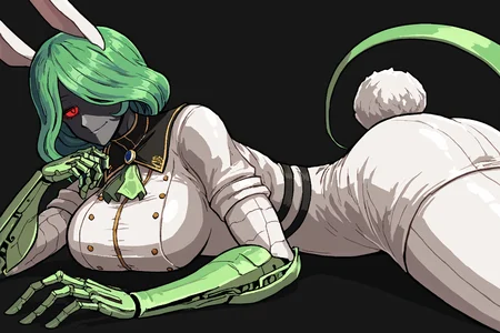 score_9, score_8_up, score_7_up, score_6_up, score_5_up, score_4_up, BREAK, source_anime, solo, 1girl, rating_safe, ((mature female)), ((long green flowing hair)), mechanical parts, ((plastic, polymer, metal body)), (big mechanical rabbit ears), mature female, (bunny ears), (animal ears), subdermal port, ((milf, mature female, big breasts)), hexagon lines in skin, naval uniform overcoat, naval uniform, white military uniform, dress_uniform, ribbons, ((red eyes)), bunny tail, rabbit tail, aiguillette, ((green hair)), ascot, ((Dutch Angle (from behind) view Extreme Close shot (focus on chest), Lying on the side, pretending to laugh at a joke )), pilot suit, shoulder cutout, bunny rabbit Tail, ((hair over one eye, )), digitigrade, clawed feet, minimal clothes, ((metal skin, shiny skin, vampire aesthetic, digital eyes, filled eyes, monochromatic eyes, glowing eyes, colored sclera, red sclera, mechanical eyes, partially shaded face, slit pupils, angular, minimal face, minimalism, narrow eyes, large eyes)), (anubis \(mythology\), anubis \(mythology\), ), <lora:Pony_DetailV2.0:1.5>, <lora:age_slider_v4:4>, ((dark, shaded, black background, horror, GREEN HAIR,)) <lora:ECHANIS:0.7>,  <lora:Valmardraws:1> by valmardraws, pixel art