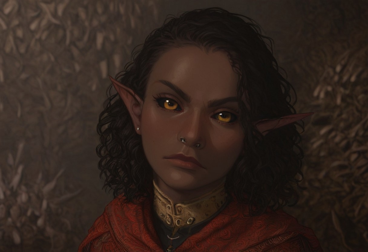 safe_pos, solo, short pointy ears, piercings, nord woman, random elf face, aquiline features, dark elf, weathered skin, large nose, animated realism, zoomed out, Syrian features, torso, subterranean, glowing mushrooms, mushroom forest, cave enviroment, large cavern, gloomy lighting, ancient ruins, interior, dark soil floor ,grey-blue skin, scarlet and gold clothes, medium armor, bone plate armor, ivory straps and fittings, grey wood neckguard, dark red sclera, black pupils, distant mushroom forest, blue-green light, neon, highly detailed, defined features, looking at viewer, three quarters view, from above, dynamic lighting, 36 years old, light and shadows, patterned cloth, determined expression, expressive eyes, detailed medieval clothes, medium_breasts, medium hair, wavy hair, thick hair, beaded hair, braided hair, under cut hair, semirealistic, alien elf, spanish features, jewish features, black hair, dark red hair, umber skin, sharp features, red persian print cloak, nighttime, high detail, absurdres, pretty eyes, detailed eyes, yellow eyes,
