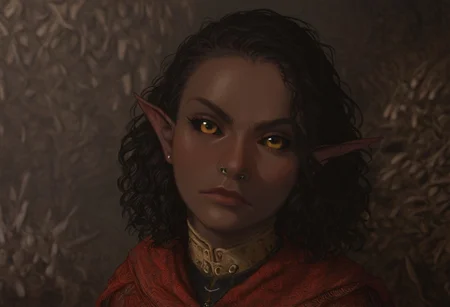 safe_pos, solo, short pointy ears, piercings, nord woman, random elf face, aquiline features, dark elf, weathered skin, large nose, animated realism, zoomed out, Syrian features, torso, subterranean, glowing mushrooms, mushroom forest, cave enviroment, large cavern, gloomy lighting, ancient ruins, interior, dark soil floor ,grey-blue skin, scarlet and gold clothes, medium armor, bone plate armor, ivory straps and fittings, grey wood neckguard, dark red sclera, black pupils, distant mushroom forest, blue-green light, neon, highly detailed, defined features, looking at viewer, three quarters view, from above, dynamic lighting, 36 years old, light and shadows, patterned cloth, determined expression, expressive eyes, detailed medieval clothes, medium_breasts, medium hair, wavy hair, thick hair, beaded hair, braided hair, under cut hair, semirealistic, alien elf, spanish features, jewish features, black hair, dark red hair, umber skin, sharp features, red persian print cloak, nighttime, high detail, absurdres, pretty eyes, detailed eyes, yellow eyes,