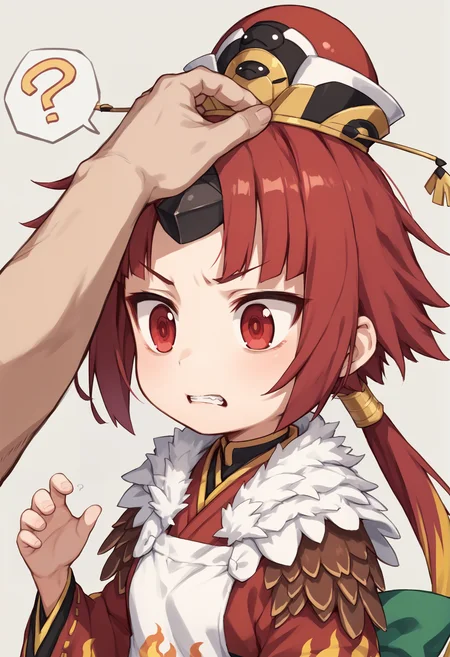 1girl, red eyes, red hair, yellow hair, long hair, Multicolored Hair, low ponytail, single horn, hat, red headwear, japanese clothes, kimono, flame print, wide sleeves, apron, feather trim, feathers <lora:Dechi:1> upper body, cowboy shot, ?, !?, headpat, messy hair, warm, cozy, teeth, score_9, score_8_up, score_7_up, score_6_up, score_5_up, score_4_up, BREAK source_anime, masterpiece