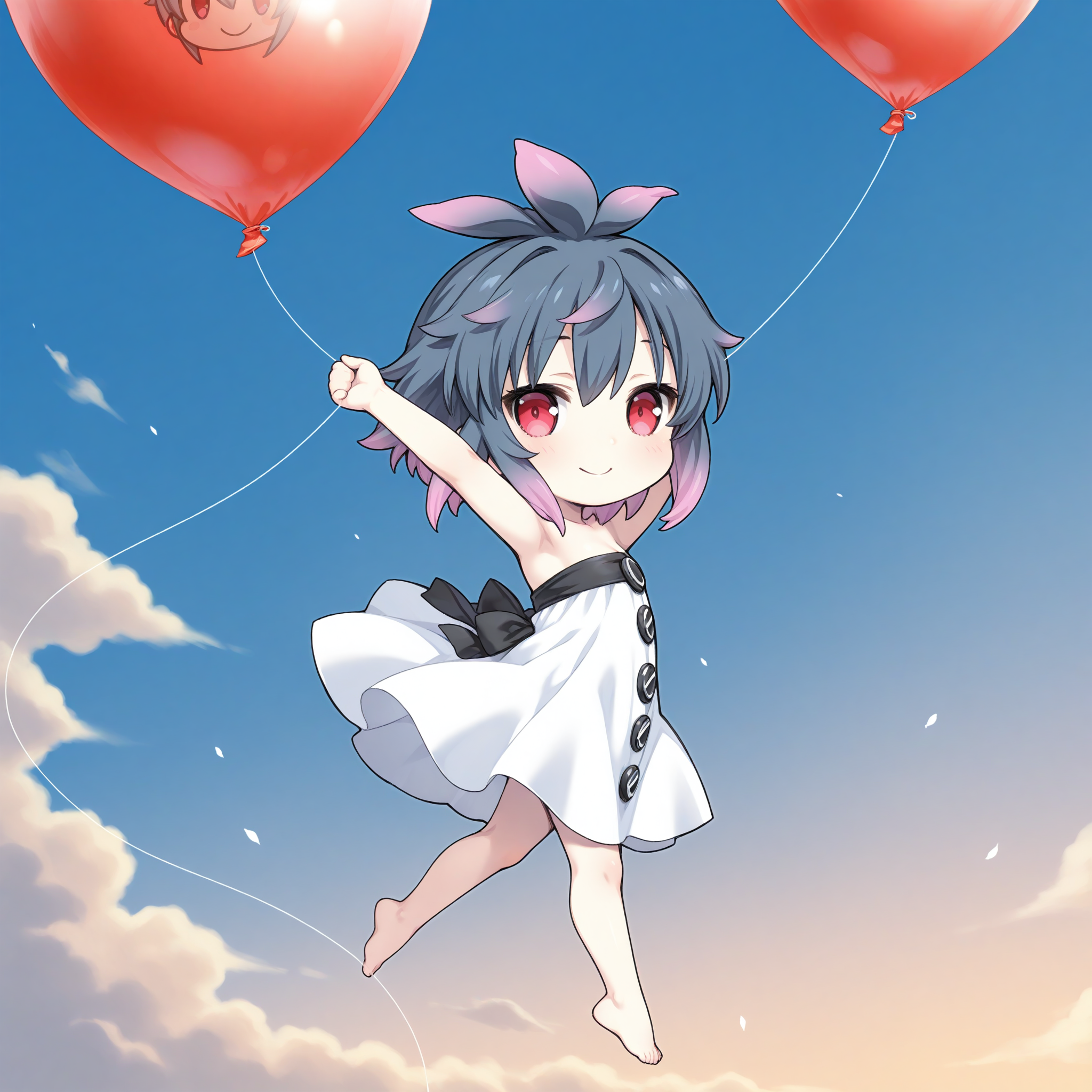 <lora:Pigu_Geliciam_1_nai-000070:1>,Pigu Geliciam,
chibi,strapless dress,white dress,barefoot,
1girl,solo,smile,floating,holding balloon,looking at viewer,wind,sky,from side,own hands together,arms up,