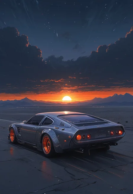 DB4RZ style painting,DB4RZ style painting,(in Otomo Katsuhiro style:1.2), rmbt, a sleek, silver car with glowing red eyes zooms through the vast expanse of space. The sun sets behind it, casting an orange glow on the horizon. In the distance, Cosy, (elaborate fine details:1.1), (hyperdetailed:1.1), (intricate details:1.0), (Refined details:1.1), (best quality:1.1), (high resolution:1.2), <lora:FLUX\Anime v1.3:0.6> <lora:FLUX\Elden_Ring_-_Yoshitaka_Amano:0.5> <lora:FLUX\RetroAnimeFluxV1:0.4> <lora:FLUX\Comic book V2:0.8> <lora:FLUX\PrismaticPersona:0.7>