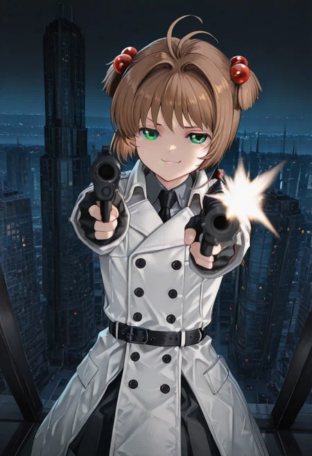 solo, 1girl, kinomoto sakura,
brown_hair,
short hair,
antenna hair,
hair bobbles,
white trench coat,
black_gloves,
collared_shir,
gloves,
green_eyes,
fingerless_gloves,
black_necktie,
black necktie,
grey_shirt,
jacket,
white_jacket,
long_sleeves,
black buttons,
collared_shirt,
black belt,
holding custom-made shotgun, aiming at viewer,
masterpiece,
Energetic Pose, cinematic angle, on top of skyscraper, night, city lights can be seen, firing gun, smug face