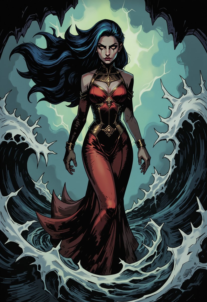 inked comic illustration in TTCSV1.0 artstyle that features A captivating siren, her form outlined against a stormy sea. Her hair, the colour of midnight, streams behind her like a dark, flowing wave. Her attire, a flowing crimson gown, accentuates the curves of her body. Her eyes, reflecting the stormy sky, hold a mesmerizing, dangerous allure. The sea around her is a maelstrom of dark waves and flashing lightning.