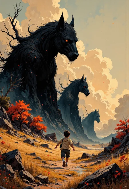 Create a beautifully detailed sketch capturing a fantastical world infused with nostalgia and shadowy intrigue. The style features clean, confident outlines with soft watercolor washes, balancing warmth and accessibility with intricate detail. The palette contrasts muted tones—warm ochres, soft reds, creamy whites—with stark, inky blacks, creating a dramatic interplay of light and shadow that evokes both innocence and mystery. The atmosphere blends vintage children’s book charm with an eerie undertone, as if balanced between reality and a shadowy dreamscape.
Characters should have naturalistic proportions and subtle expressiveness, their features gently exaggerated to reflect curiosity, resilience, or vulnerability. Dynamic shadow puppet figures may emerge in the background, their silhouettes adding to the narrative and reinforcing the duality of light and shadow. The focus will be on a specific subject—In a wide shot, Henry runs through an open field under a glowing twilight sky, chased by shadowy figures that stretch impossibly tall. The camera angle tilts, giving the scene a surreal, distorted perspective as the shadows flicker and bend, closing in around him like living walls—carefully integrated into the scene. The composition is grounded yet surreal, seamlessly merging whimsical simplicity with haunting, thought-provoking detail to invite wonder and introspection.