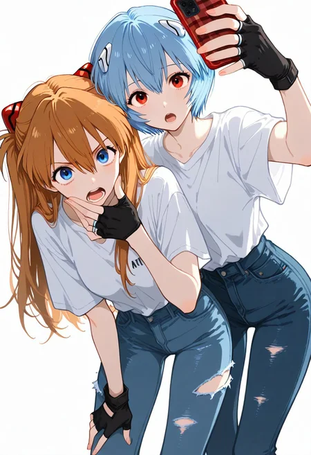 masterpiece, best quality, amazing quality, good quality, very awa, newest, highres, absurdres, 
Asuka Langley soryu,twintails, looking at viewer, open mouth, shirt, multiple girls, hair ornament, white background,  2girls,ayanami rei,shirt, short sleeves, teeth,  fingerless gloves,  fingernails, plaid, torn clothes, phone, cellphone, denim,  foreshortening, smartphone, holding phone, jeans, selfie, multiple rings, torn pants, taking picture, looking at phone, torn ,jeans,fuyumur4s4ki_illu