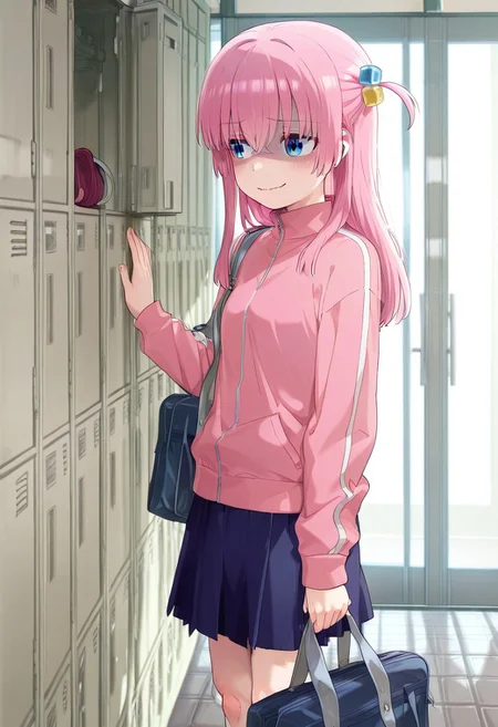 great quality,(almic,akakura,ogipote:0.9), (sincos,dikko:0.75),great quality,absurdres,1girl,solo, pink hair,long hair,,(very aesthetic,highres),,getabako, upper body,hand on locker, ,holding School bag,blue eyes,one side up, feet out of frame,,gotoh hitori, track jacket,pink track jacket,blue skirt,looking at side, scare,wavy mouth,shaded face