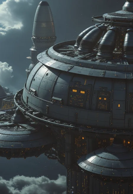 yfg-l3ms, YFG-L3ms mechanical arms delicately placing circuit boards into gigantic satellite shells, cosmic dust drifting in the background