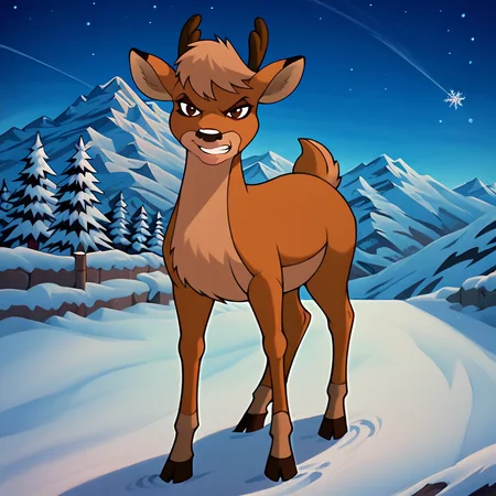 <lora:ArrowRud98:1>, <lora:StS_PonyXL_Detail_Slider_v1.4_iteration_3:3>, ArrowRud98, reindeer, brown eyes, small antlers dark brown mascara, thin eyebrows, blond hair, feral, male, outdoors, solo, nighttime, clouds, snowy landscape background, mountains in background, north pole background, (full body, smirking, angry eyebrows, clenched teeth, evil smile, brown iris, black pupils, stars in sky, (8k, sharp details, ultra detailed, score_7, score_8, score_9,) shaded, front view, no humans, behind view, body facing left, head turned towards viewer, brown iris, brown eyes, black pupils, all fours, snowflakes,
