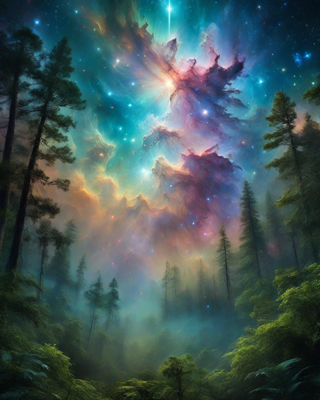 (Masterpiece, Best Quality, Highres:1.2), (photoreal cinematic of a dense forest), background a distant nebula, high fidelity, clarity, realistic, 4k, masterpiece
