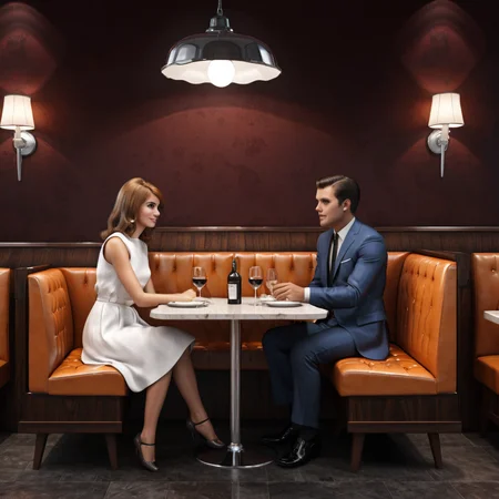 60slora, 1couple, sitting in restaurant,Photorealistic, Ultra-high detail, lifelike textures, realistic lighting, high-resolution