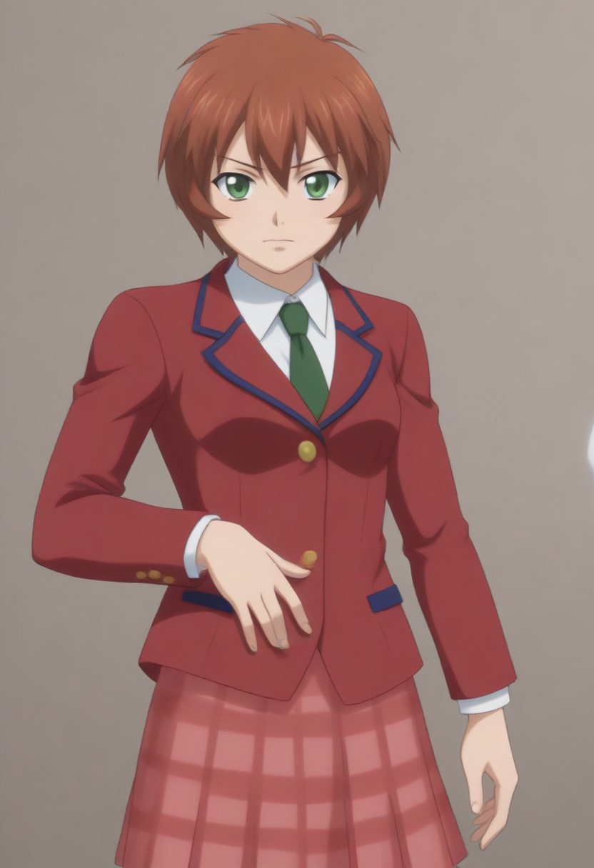 source_anime, anime screencap, source_anime, auratheguillotine, anime screencap, masterpiece, source_anime, shiny skin, 1girl, chinkyuu koudai, short hair, brown hair, green eyes, <lora:chinkyuu_pony-000007:0.8> red blazer, white shirt, green necktie, plaid skirt, pleated skirt,