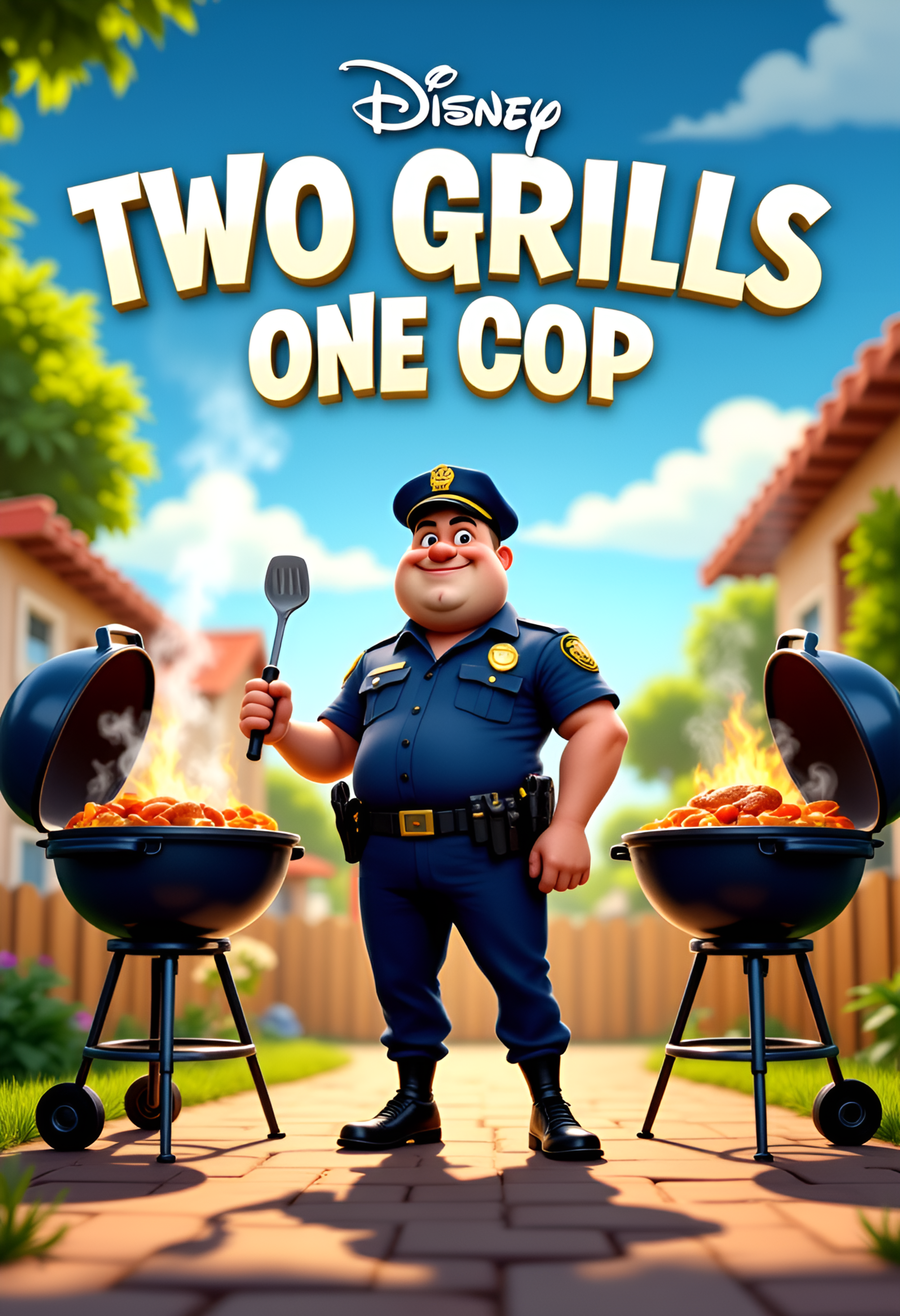 Create a Disney Pixar-style movie poster titled 'Two Grills, One Cop' in the classic Disney font. The poster features a slightly chubby, friendly police officer in uniform standing confidently between two large BBQ grills. He holds a spatula in each hand, with one grill smoking and the other sizzling with food. The background is a sunny suburban backyard with a playful, colorful atmosphere. Add the Disney Pixar logo at the top, and include fictional actor names and studio credits at the bottom in the style of a typical Pixar poster. Use vibrant, warm colors and a whimsical, heartwarming tone to match the Disney Pixar aesthetic