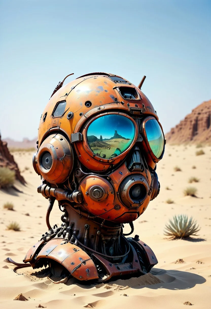 ultra high resolution, masterpiece, best quality, a sci-fi , in the desert, A rusty and broken retro space helmet buried in the sand, in the style of hyper realistic photography. evi@decrepPunk