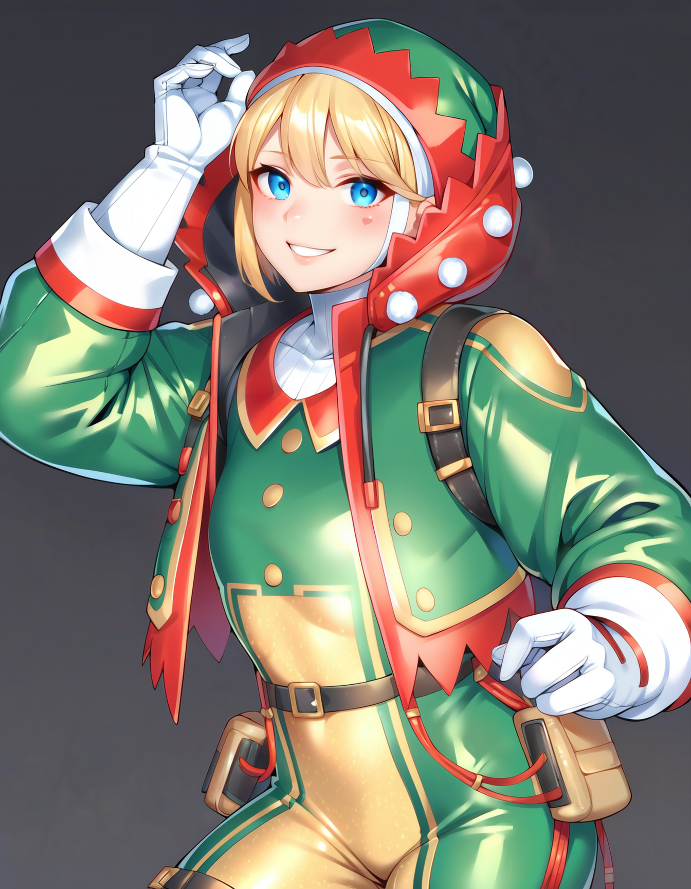 (embedding:Pony_PDXL_Negative_Embeddings\zPDXL3),(dark background:1.1),pdrshk,1girl,solo,smile,blue eyes,blonde hair,short hair,headwear,hat,green hat,(red hat:0.6),hood,white gloves,pouch,belt,jacket,green jacket,bodysuit,green bodysuit,looking_at_viewer,standing                                 <lora:MyTrainings\Temp\Wattson_Shocking_Stuffer_XL_Pony_ARZUMATA.safetensors:0.8>