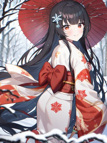 1girl,snowflake hair ornament,japanese clothes,umbrella,kimono,long hair,solo,oil-paper umbrella,red eyes,holding umbrella,hair ornament,white kimono,black hair,outdoors,looking at viewer,snow,holding,smile,red umbrella,tree,bare tree,winter,snowing,snowflake print,wide sleeves,closed mouth,long sleeves,obi,sash,snowflakes,blurry,floating hair,very long hair,blush,zouri,sandals,sleeves past wrists,blurry foreground,day,forest,print kimono,
<lora:ag31-momoimon_1-000040:1>,
