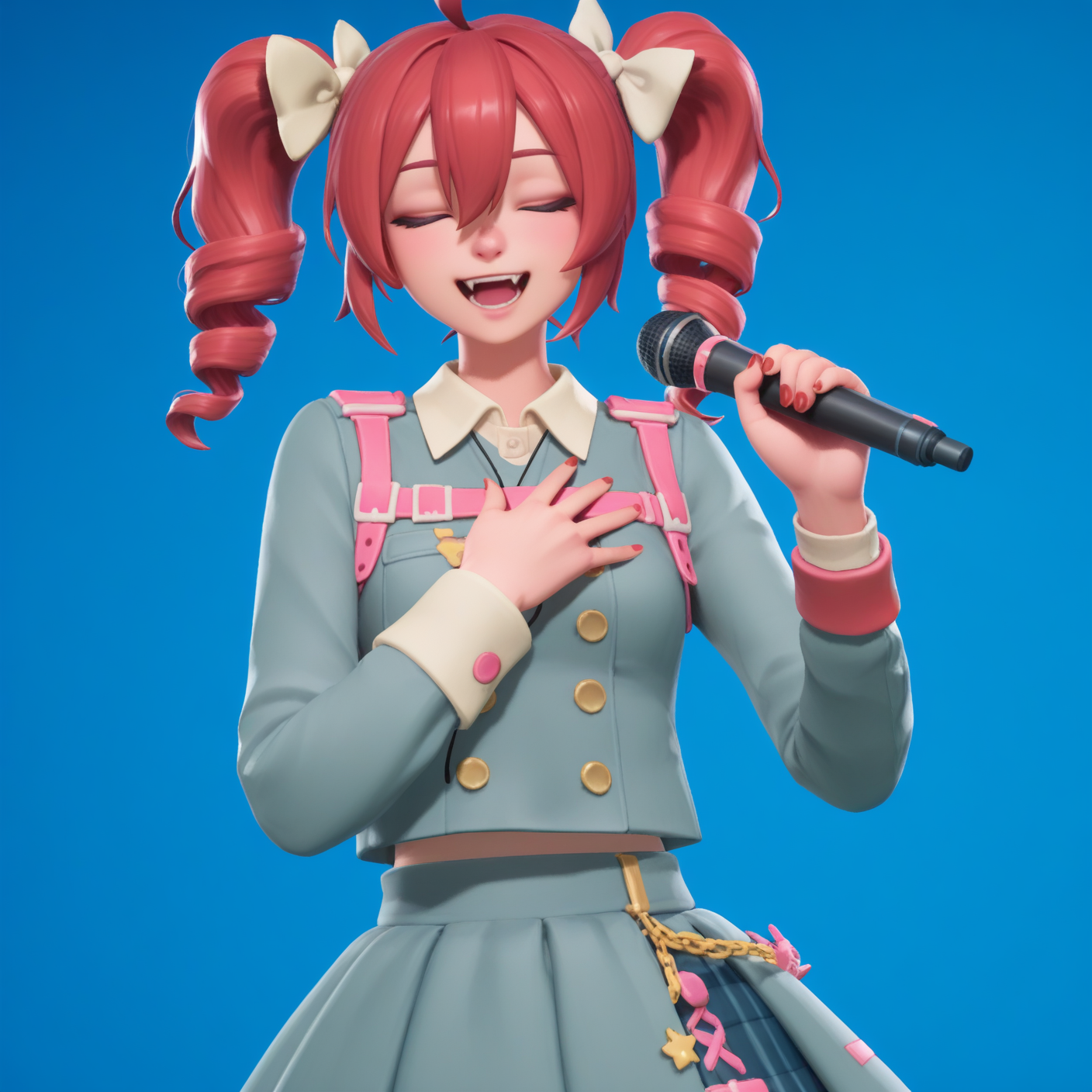 highly detailed, (upper body:1.3), (singing  holding microphone, solid background, blue background, hand on own chest, singing:1.5), fortnite_nemia, 1girl, solo, kasane teto, boots, bow, buttons, cross-laced footwear, double-breasted, drill hair, frilled skirt, frills, grey jacket, grey skirt, hair bow, jacket, lace-up boots, layered skirt, long sleeves, multicolored hair, red hair, red nails, shirt, skirt, sleeve cuffs, smile, twin drills, white bow, white hair, fangs, teeth, <lora:Fortnite_Nemia_Demonically_Cute_Set_ILXL_E29_16_DIM:1>