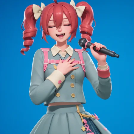 highly detailed, (upper body:1.3), (singing holding microphone, solid background, blue background, hand on own chest, singing:1.5), fortnite_nemia, 1girl, solo, kasane teto, boots, bow, buttons, cross-laced footwear, double-breasted, drill hair, frilled skirt, frills, grey jacket, grey skirt, hair bow, jacket, lace-up boots, layered skirt, long sleeves, multicolored hair, red hair, red nails, shirt, skirt, sleeve cuffs, smile, twin drills, white bow, white hair, fangs, teeth, <lora:Fortnite_Nemia_Demonically_Cute_Set_ILXL_E29_16_DIM:1>