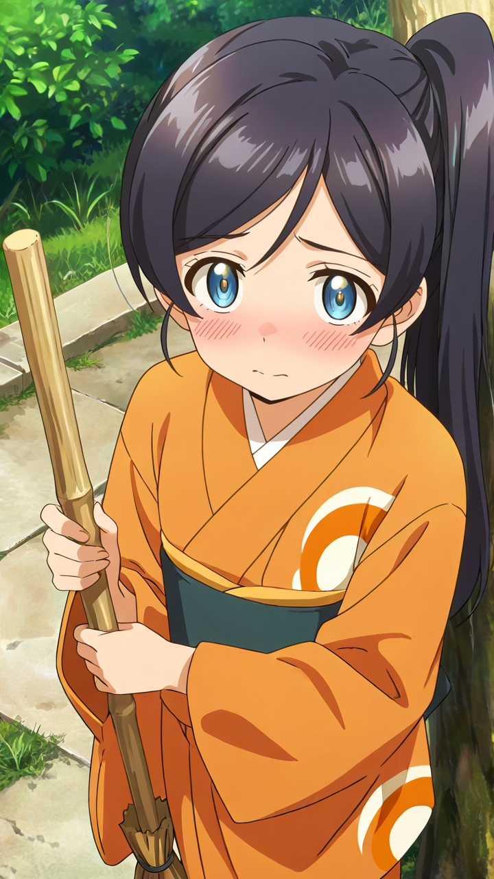 anime screenshot,1girl,blush,full_shot,looking_at_viewer,solo,shy,skinny,Ruri,<lora:Ruri_Illustrious_v1:1>,japanese clothes,kimono,looking_up,from_above,holding_broom,tree,outside,, masterpiece, best quality