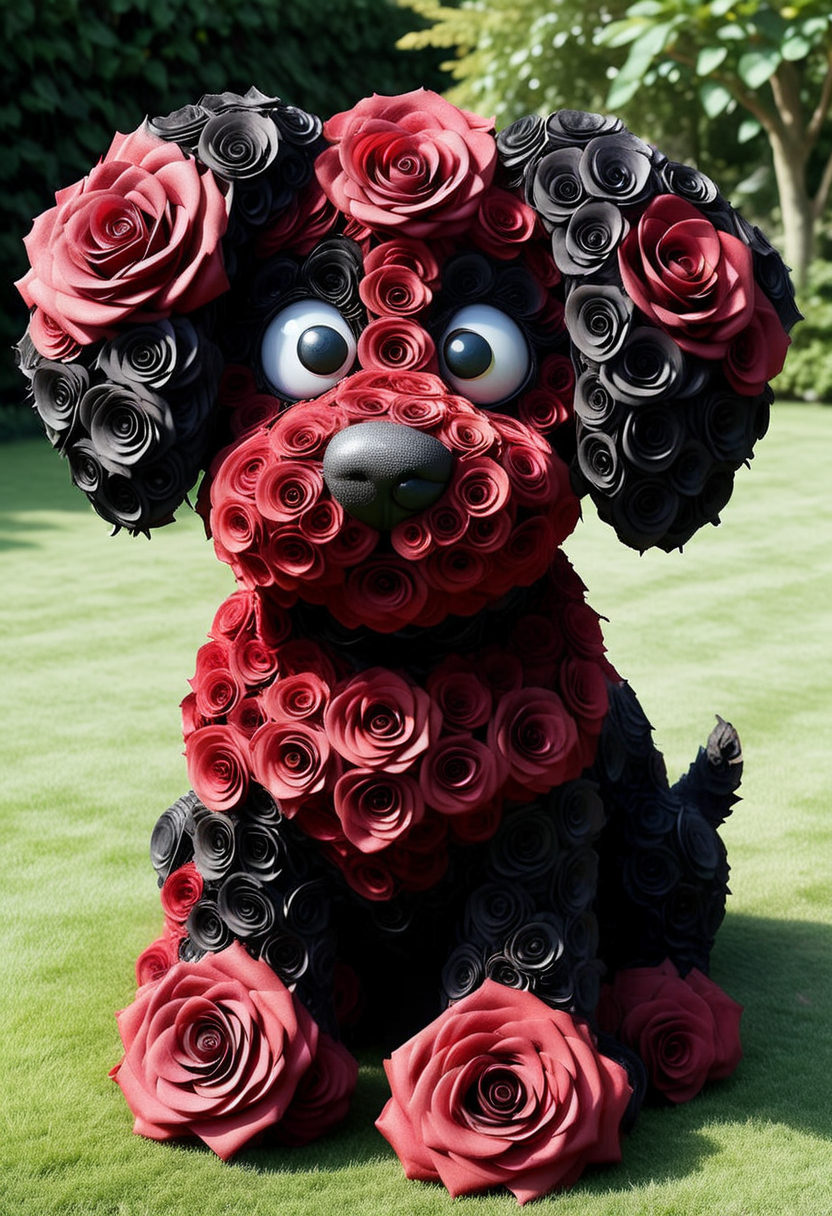 BL4CKR3DR0S3S, a cute dog is made entirely from black and red roses, detailed face, (big eyes:0.9), detailed eyes, (smile:1.1), long eye lashes, located in a garden