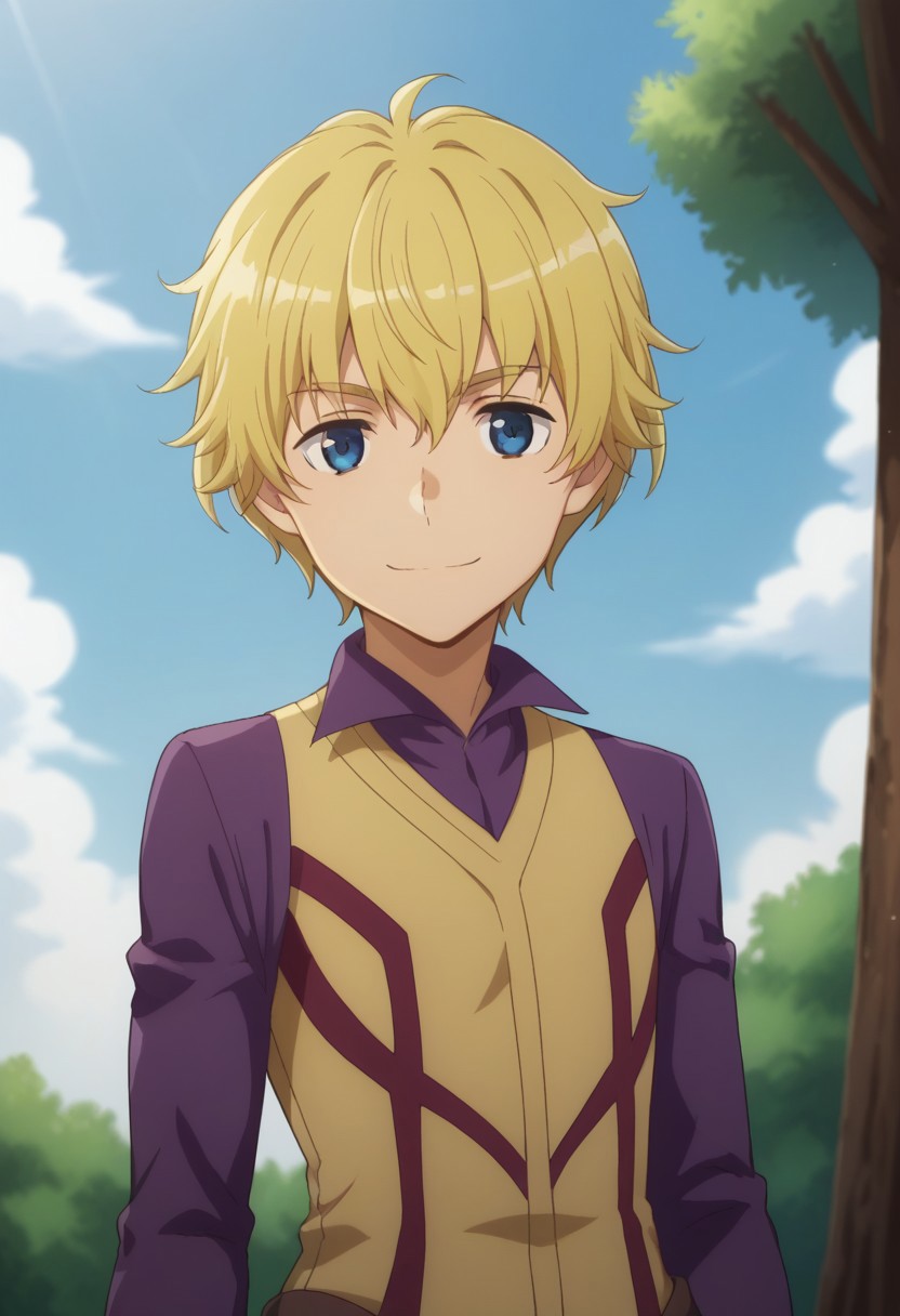 score_9, score_8_up, score_7_up, source_anime, highly detailed, 
deimne, solo, 1boy, male focus, blonde hair, blue eyes, gloves, smile, looking at viewer, brown gloves, pantyhose, purple panthyhose, shirt, purple shirt, tunic, upper body
outdoor, sky, tree, clouds