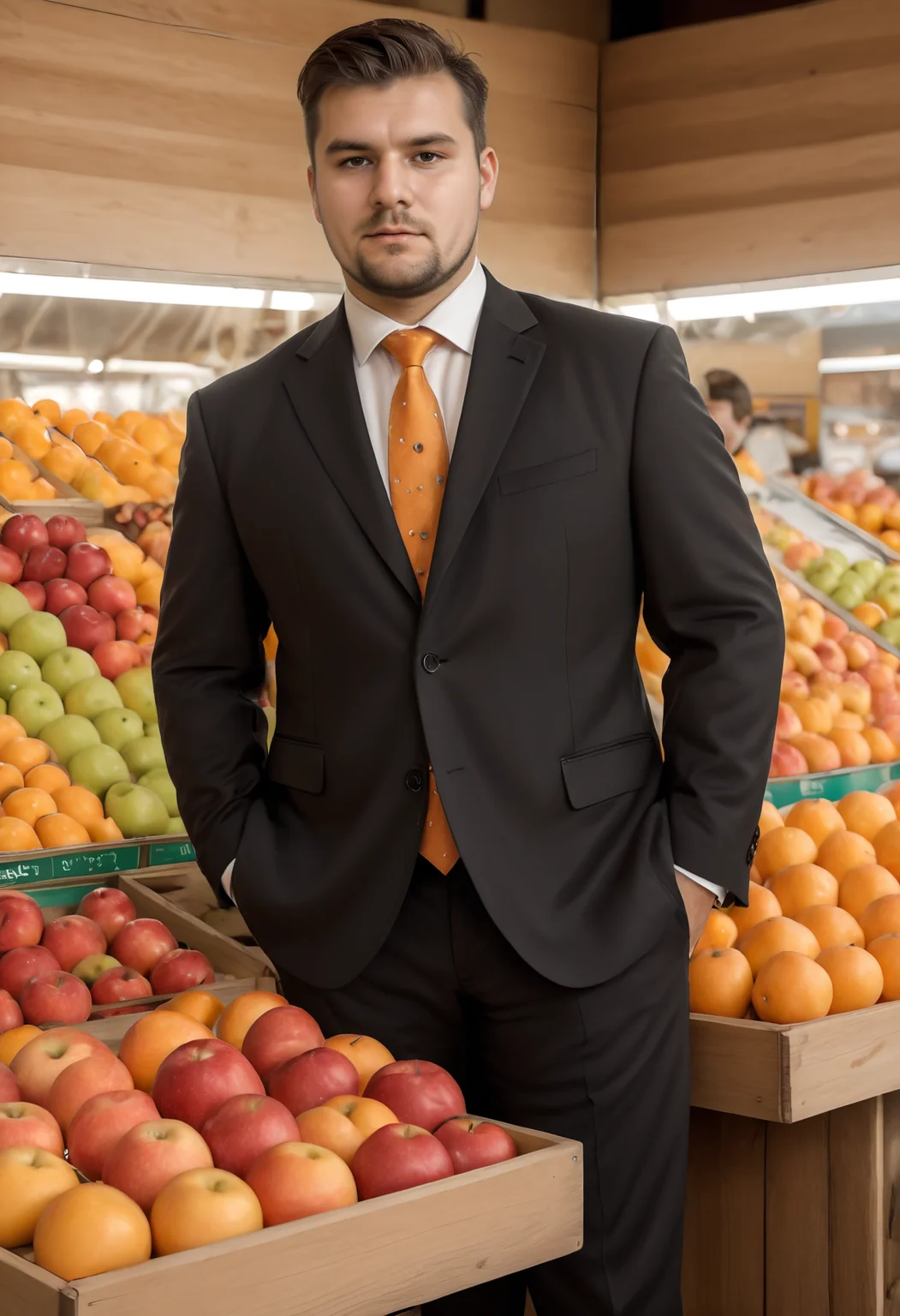 VaclavNikdo, a big man in a stylish black suit with a unique tie stands confidently in front of a vibrant fruit stand, showcasing apples and oranges, Soft, even lighting highlights his features and creates a balanced composition placing his centrally, The fruit stand adds a pop of color and depth to the image, The overall aesthetic focuses on fashion and everyday life, <lora:RS-VaclavNikdoLoRA-XL:1>