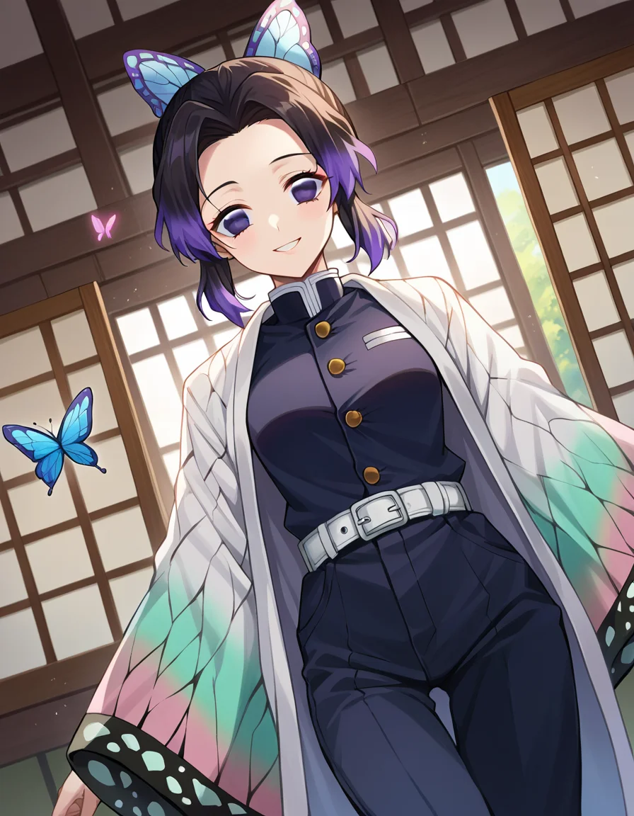 score_9, score_8_up, score_7_up, source_anime,
shinobukochou, <lora:shinobu-kochou-ponyxl-lora-nochekaiser:1>,
shinobu kochou, animal print, black hair, butterfly, butterfly hair ornament, butterfly print, forehead, gradient hair, hair ornament, haori, multicolored hair, parted bangs, purple hair, short hair, two-tone hair,
belt, black pants, butterfly print, coat, demon slayer uniform, haori, japanese clothes, pants, uniform,
indoors, smile,
looking at viewer, dutch angle, cowboy shot,
