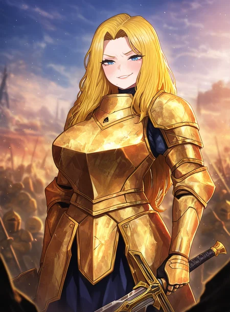 masterpiece, best quality, very aesthetic,gloss,uncensored,
BREAK
1girl, gold armor, large breasts, armor, standing, holding sword, looking at viewer, blonde hair, medium breasts, double-parted bangs, smug, outdoors, battlefield, armored skirt,
<lora:nai_ga-ill-fandingo:1>
