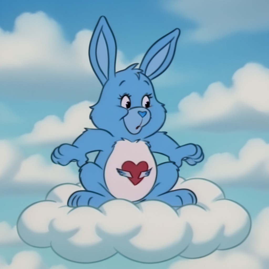 masterpiece, best quality, amazing quality,  swiftHrtil, semi-anthro, female, rabbit_girl, blue fur, black eyes, tummy symbol, on a cloud, solo, full body, cloud background, standing, <lora:d2c471d2-468f-4792-bc83-345aedef4f4b:1.0>