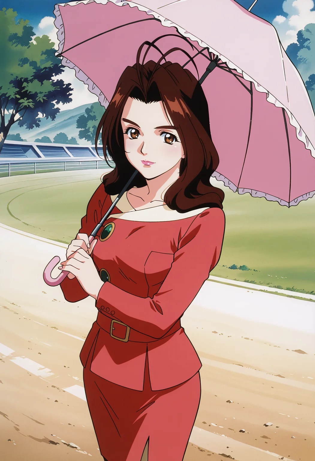 masterpiece,best quality,amazing quality,very aesthetic,absurdres, <lora:aoigpx_IL1-100008:0.9> aoigpx, 1girl, retro artstyle, anime coloring, solo, long hair, antenna hair, brown hair, black hair, brown eyes, wavy hair, lips, lipstick,aoi red dress, belt, pencil skirt, red skirt, long sleeves, brown pantyhose, light smile, holding parasol, racetrack, looking at viewer, cowboy shot, day,