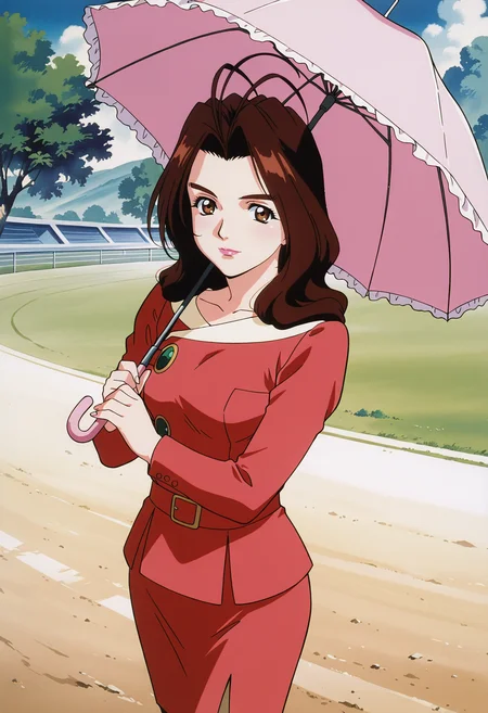 masterpiece,best quality,amazing quality,very aesthetic,absurdres, <lora:aoigpx_IL1-100008:0.9> aoigpx, 1girl, retro artstyle, anime coloring, solo, long hair, antenna hair, brown hair, black hair, brown eyes, wavy hair, lips, lipstick,aoi red dress, belt, pencil skirt, red skirt, long sleeves, brown pantyhose, light smile, holding parasol, racetrack, looking at viewer, cowboy shot, day,
