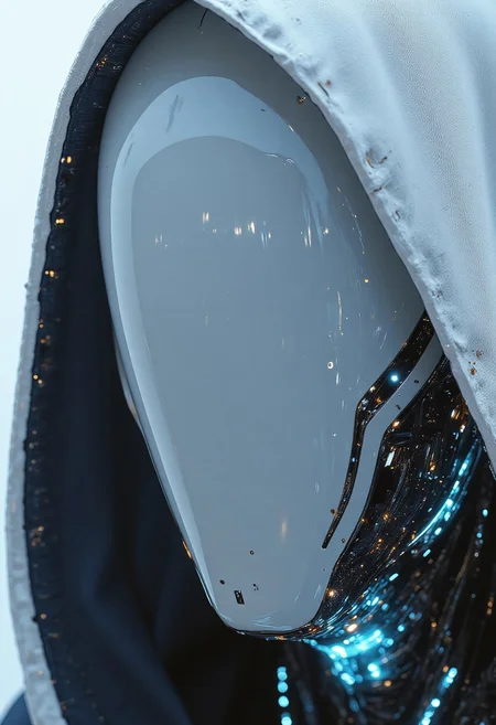 This is a hyper-realistic, unsettling close-up portrait of a spectral, all-knowing figure. The face is eerily smooth and featureless, as if carved from polished white porcelain, reflecting faint, distorted glimpses of its surroundings. Its surface gleams with a cold, unearthly light, evoking a sense of omniscience and otherworldly presence. The edges of the figure's hood, made of impossibly soft, flowing white fabric, frame its "face," creating a stark contrast against the glowing circuits faintly visible in the background. Tiny, intricate lines of blue light crawl along the hood’s edges, like digital veins connecting it to an unseen network. The background fades into a soft, ethereal white with subtle hints of blue, amplifying the sense of isolation and intensity. Despite the figure's lack of human features, the close proximity and sharp detail of the portrait exude an unnerving intimacy, as if it is staring directly into the viewer's soul, revealing truths too profound and unsettling to comprehend.