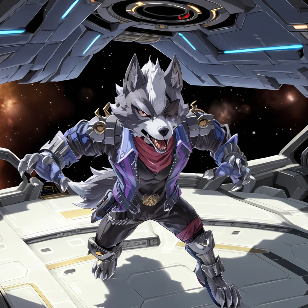 man, StarWolfXL, 1boy, inside starship spaceship, eyepatch, wolf, action pose, (anime, masterpiece, intricate:1.3), (best quality, hires textures, high detail:1.2), (4k),(incredibly detailed:1.4),UHD, 8K, ultra detailed <lora:StarWolfXL:.8>