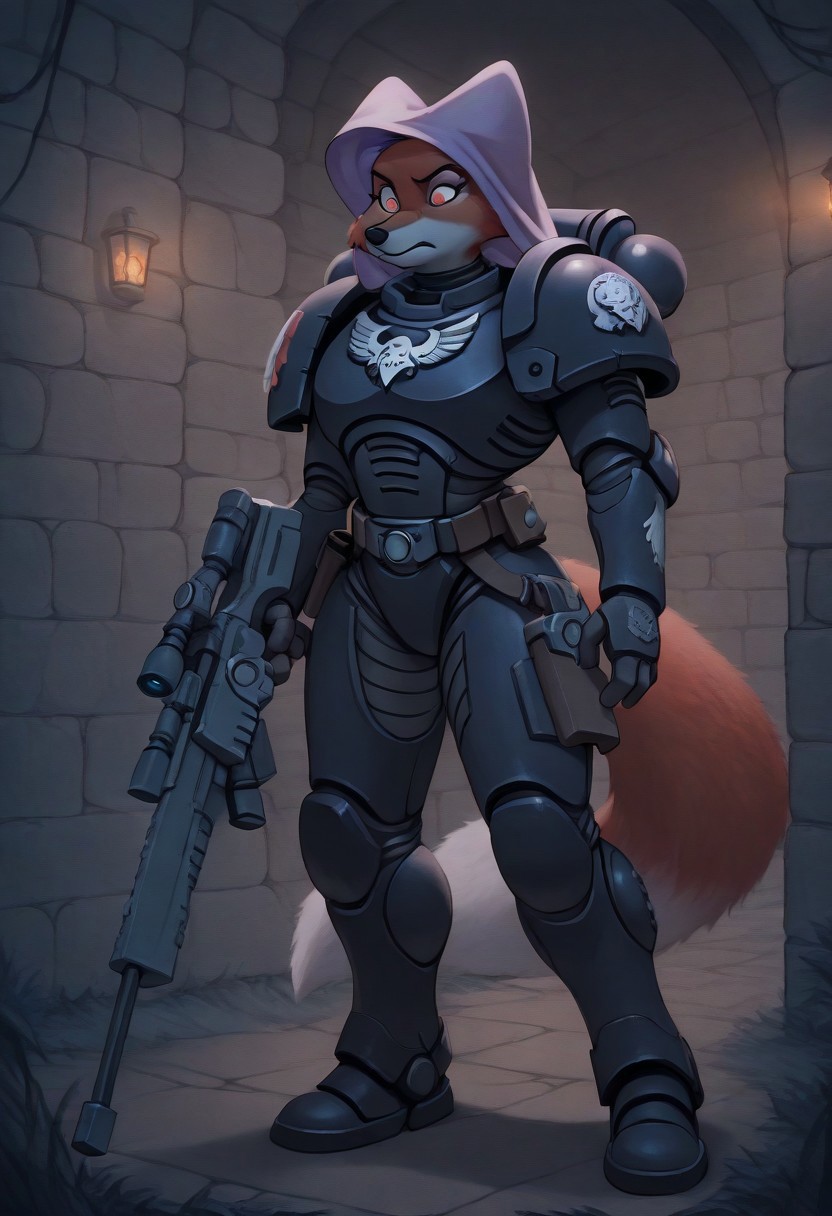 masterpiece, best quality, amazing quality, absurdres,  Maid_Marian, solo, red fur skin, red eyes, fox tail, furry, fox, 4 fingers, edgRG, solo, weapon, holding weapon, armor, gun, glowing, sniper rifle, wearing edgRG_(power armor), pauldrons, raven emblem,