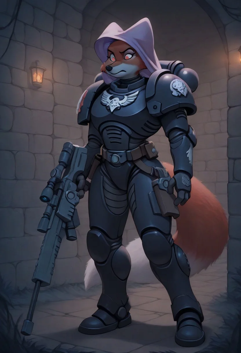 masterpiece, best quality, amazing quality, absurdres, Maid_Marian, solo, red fur skin, red eyes, fox tail, furry, fox, 4 fingers, edgRG, solo, weapon, holding weapon, armor, gun, glowing, sniper rifle, wearing edgRG_(power armor), pauldrons, raven emblem,