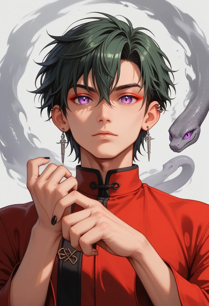 score_9, score_8_up, score_7_up, rating safe, 8k portrait, highly detailed, professional photography, masterpiece, (finely detailed beautiful eyes: 1.2), hdr, 1 boy,solo, low angle, male focus, extremely large black snake, AntherimA, purple eyes, snake eyes, dark green hair, hair between eyes, asymmetrical hair parting, light_red_eyeshadow, ((1_earstud_left_side)), short hair, 20 years old, dynamic pose, stoic expression , chinese_clothing , sitting_on_dragon_throne, dynamic pose, long large red sleeves, red clothing, black_waistband, long flowing fabrics,layered clothing, multiple smoke swirls, black nail varnish, Eastern_Palace